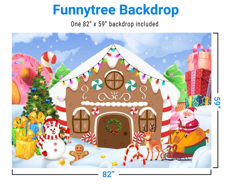 Funnytree 7x5ft Christmas Gingerbread House Backdrop for Party Winter Merry Xmas Candy Gifts Photography Background Santa Baby Shower Birthday Portrait Cake Table Decoration Banner Photo Booth - Image 3